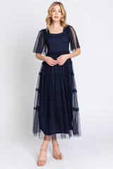 Navy Ruffled Mesh Maternity Maxi Dress