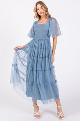 Blue Ruffled Mesh Maxi Dress