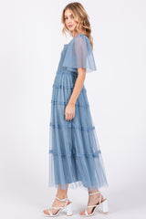 Blue Ruffled Mesh Maxi Dress