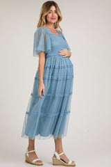 Blue Ruffled Mesh Maternity Maxi Dress