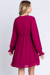 Magenta V-Neck Long Sleeve Dress