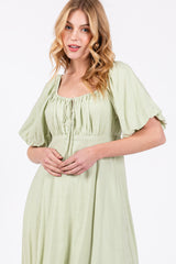 Light Olive Front Tie Puff Sleeve Maxi Dress