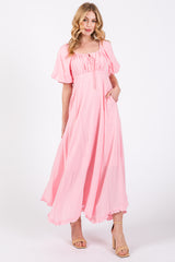 Pink Front Tie Puff Sleeve Maternity Maxi Dress