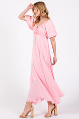 Pink Front Tie Puff Sleeve Maxi Dress