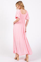 Pink Front Tie Puff Sleeve Maxi Dress