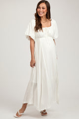 White Front Tie Puff Sleeve Maternity Maxi Dress