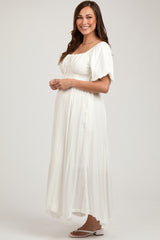 White Front Tie Puff Sleeve Maternity Maxi Dress