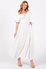 White Front Tie Puff Sleeve Maternity Maxi Dress