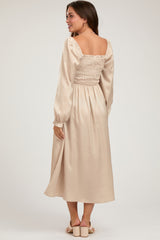 Beige Smocked Square Neck Satin Maternity Midi Dress