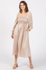 Beige Smocked Square Neck Satin Midi Dress