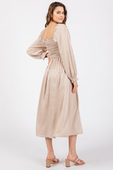 Beige Smocked Square Neck Satin Midi Dress