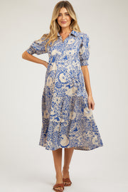 Blue Floral Collared Tiered Maternity Midi Dress