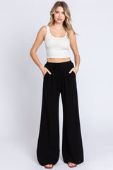 Black Linen Wide Leg Lace Trim Pants