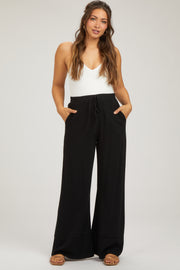 Black Linen Wide Leg Lace Trim Maternity Pants