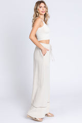 Beige Linen Wide Leg Lace Trim Pants