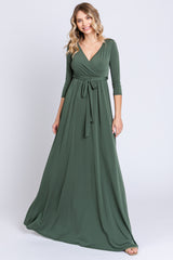 PinkBlush Light Olive Draped 3/4 Sleeve Maternity Maxi Dress