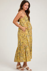 Lime Floral Sleeveless Front Cinched Maternity Midi Dress