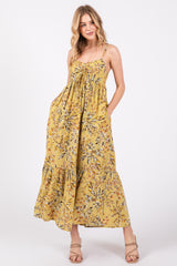 Lime Floral Sleeveless Front Cinched Maternity Midi Dress