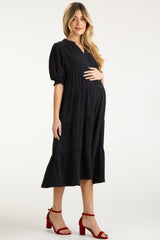 Black Short Sleeve Tiered Maternity Midi Dress