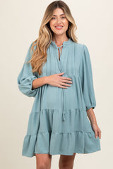 Blue Pleated Front Tie Tiered Maternity Dress