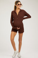 Brown Rib Knit Collared Maternity Romper