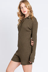 Olive Rib Knit Collared Romper