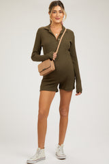 Olive Rib Knit Collared Maternity Romper