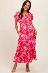 Coral Floral Off Shoulder Puff Sleeve Maternity Midi Dress