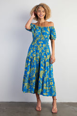 Blue Floral Off Shoulder Puff Sleeve Midi Dress