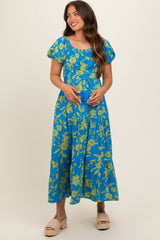 Blue Floral Off Shoulder Puff Sleeve Maternity Midi Dress