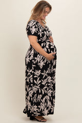 Black Floral V-Neck Maternity Plus Maxi Dress