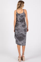 Charcoal Tie Dye Waffle Knit Side Ruched Midi Dress