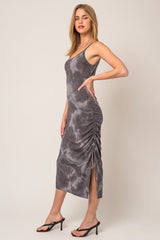 Charcoal Tie Dye Waffle Knit Side Ruched Maternity Midi Dress