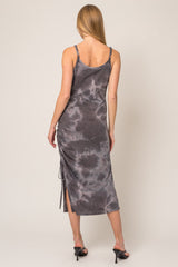 Charcoal Tie Dye Waffle Knit Side Ruched Midi Dress