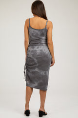 Charcoal Tie Dye Waffle Knit Side Ruched Maternity Midi Dress