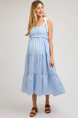 Light Blue Sleeveless Tiered Colorblock Strap Maternity Maxi Dress