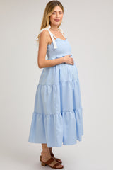 Light Blue Sleeveless Tiered Colorblock Strap Maternity Maxi Dress