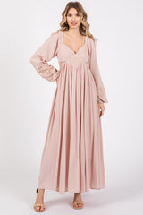 Light Pink Lace Accent Long Sleeve Maternity Maxi Dress