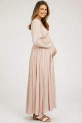 Light Pink Lace Accent Long Sleeve Maternity Maxi Dress