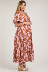 Pink Floral Deep V-Neck Ruffle Maternity Midi Dress