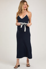 Navy Contrast Piping Maternity Midi Dress