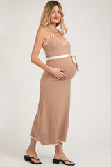 Taupe Contrast Piping Maternity Midi Dress