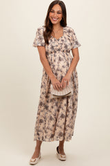 Cream Floral Smocked Short Puff Sleeve Maternity Midi Dress