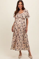 Cream Floral Smocked Short Puff Sleeve Maternity Midi Dress