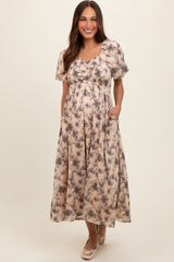 Cream Floral Smocked Short Puff Sleeve Maternity Midi Dress