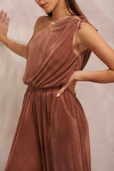 Dark Bronze Asymmetric Pleated Jumpsuit