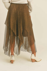 Bronze Metallic Mesh Pleated Skirt