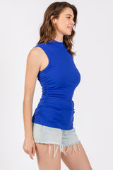 Royal Ribbed Mock Neck Ruched Side Sleeveless Top