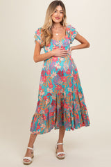 Turquoise Floral Ruffle Sleeve Maternity Midi Dress