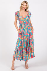 Turquoise Floral Ruffle Sleeve Maternity Midi Dress